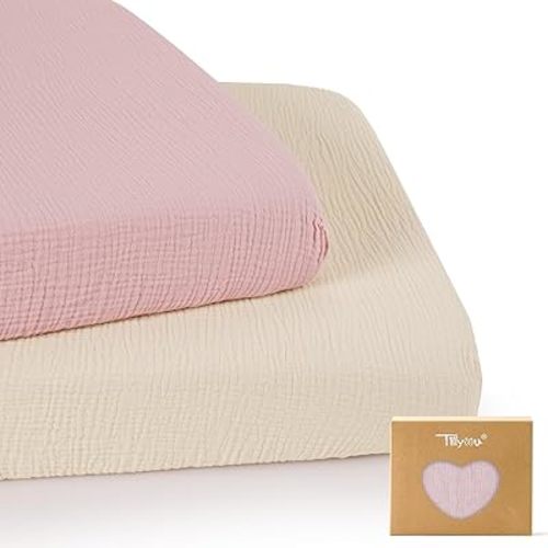 TILLYOU Muslin Mini Crib Sheets 2 Pack, Pack and Play Mattress Sheets Fitted for Pack N Play, 38 x 26 Sheet for Toddler, Pink and Apricot