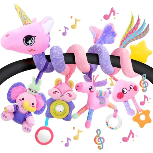 Musical Car Seat Toy for Babies 0-12 Months Girl, 5-in-1 Sensory Activity Hanging Toy Stroller Toy with Soothing Music, Rattle, Mirror for Newborn Infants Essential Gifts, Unicorn