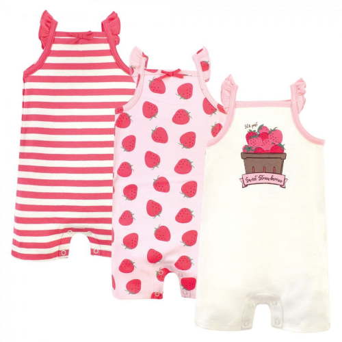 Touched by Nature Baby Girl Organic Cotton Rompers 3pk, Strawberries, 3-6 Months