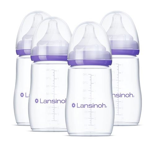 Lansinoh Anti-Colic Baby Bottles for Breastfeeding Babies, 8 Ounces, 4 Count, Includes 4 Medium Flow Nipples, Size M