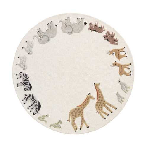 Safari Animals Round ivory Kids and Nursery Hand Tufted 100% Wool Rug Playroom