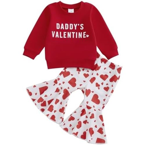 Eadrioss Baby Toddler Girl Outfit Daddy's Girl Bow Crew Neck Sweatshirt Shirts Bow Flare Pant Valentines Outfit Clothes