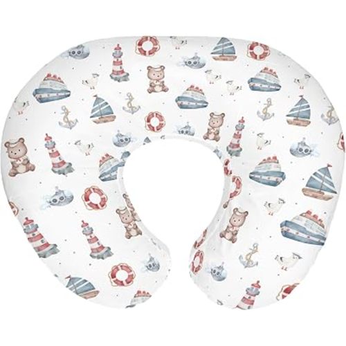 Sailor Bear Watercolor Baby Nursing Pillow Covers for Boy Girl Bear Lighthouse Anchors Boats Nursery Pillowcase for Breastfeeding Pillows Coastal Nautical Soft Stretchy Slipcovers for Newborn Infant
