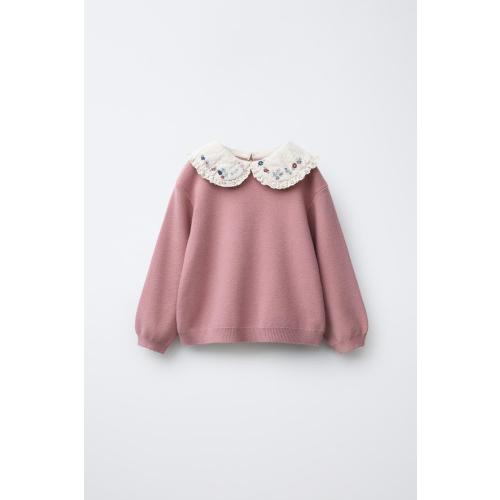 FLORAL PETER PAN COLLAR KNIT SWEATER - Mid-pink | ZARA United States