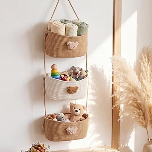 Over the Door Hanging Basket 3 Tier Wall Mounted Organizer Bag with Bear Decoration Woven Cotton Boho Storage Hanging Nursery Baskets with Hooks for Nursery Living Room Bedroom Kitchen