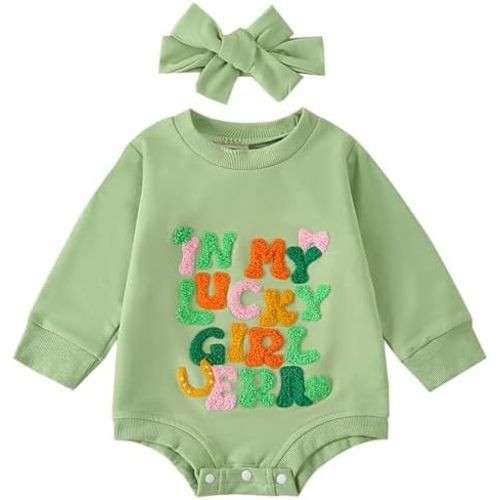 St. Patrick's Day Baby Girl Outfit In My Lucky Girl Era Romper Bodysuit with Headband Newborn Birthday Clothes
