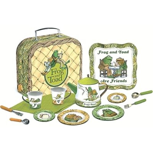 YOTTOY Frog and Toad Tin Picnic Set – 15 Piece Kids Pretend Play Picnic and Tea Set Inspired by the Arnold Lobel Storybooks, Frog and Toad Toy Set with Plates, Cups and Carrying Case
