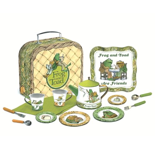 YOTTOY Frog and Toad Tin Picnic Set – 15 Piece Kids Pretend Play Picnic and Tea Set Inspired by the Arnold Lobel Storybooks, Frog and Toad Toy Set with Plates, Cups and Carrying Case