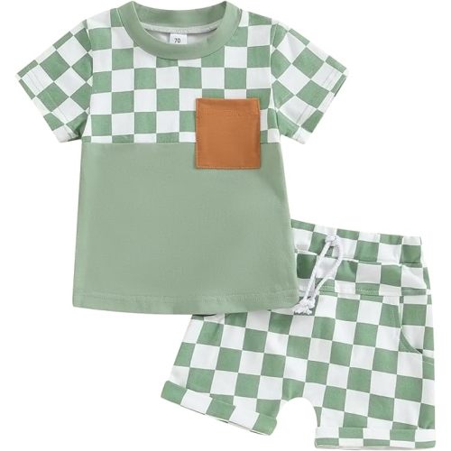 Toddler Baby Boy Girl Summer Clothes Checkerboard Print Short Sleeve T-Shirt Tee Tops Rolled Shorts Infant Outfits