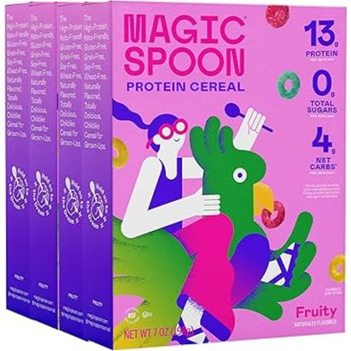 Magic Spoon Cereal - Fruity 4-Pack of Cereal and Spoon - Keto & Low Carb Lifestyles, Gluten & Grain Free, High Protein, 0g Sugar