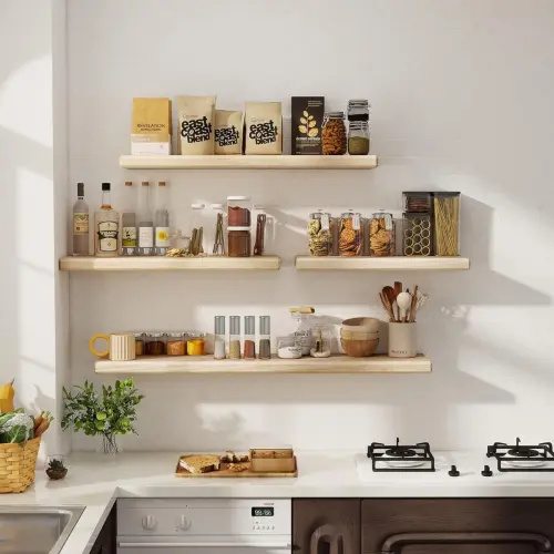 Natural Wood Floating Shelves Set | Rustic Solid Paulownia Wood Wall Shelf With Invisible Brackets | Beveled Edge Design For Bedroom, Kitchen, Bathroom & Living Room Storage