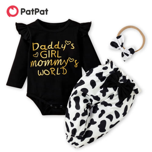 PatPat 3pcs Baby Girls Holy Cow Long Sleeve Romper and Bowknot Trousers Set,Fall Clothes Newborn Outfit,0-18 Month