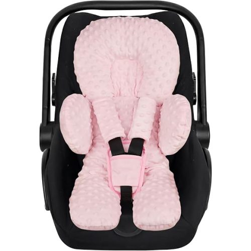 Infant Car Seat Insert for Newborn Boys Girls, Extra Thick & Soft Minky Preemie Car Seat Head Body Support Cushion with Strap Pads, Perfect for Stroller, Baby Swing, Bouncer, 2-in-1 Reversible, Pink