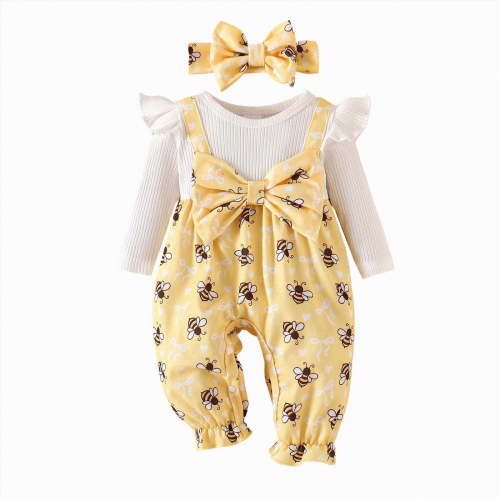 CAICJ98 Newborn Infant Baby Girl Clothes Fall Winter Long Sleeve Bubble Romper Floral Bow One Piece Jumpsuit Cute Outfits (White,3-6 Months)