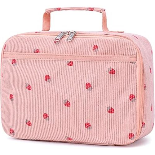 Bluboon Kids Girls Corduroy Pink Strawberry Lunch Box for School