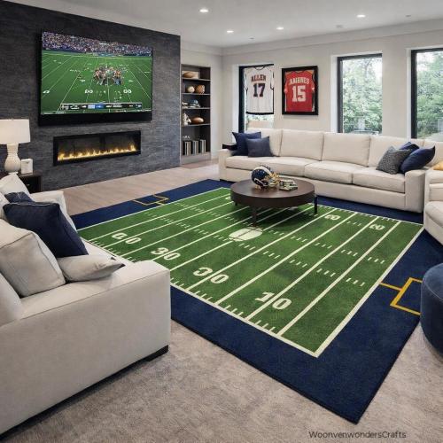 Hand Tufted Football Field Area Rug, Sports Theme Kids Room Carpet, Green Field Design Rug, Game Room Decor, American Football Playroom Rug
