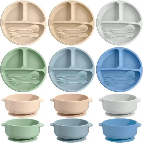 Dandat 24 Pcs Silicone Baby Feeding Set, 6 Baby Toddler Suction Bowls 6 Divided Suction Plates with 6 Forks 6 Spoons, Baby Utensils Set for Weaning Infant Feeding and Eating, 6 Styles (Dark Color)