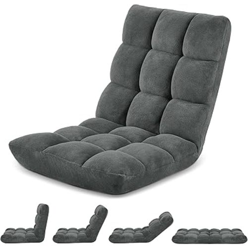 Folding Floor Chair with Back Support for Adults, Adjustable Japanese Meditation; Portable Gaming Chair Recliner Seat with Comfy Cushion, for Teens, Dark Grey