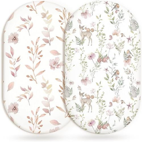 Bassinet Sheets for Baby Girls Boys 2 Pack, Fitted Baby Mattress Sheet for Rectangle, Oval, Hourglass Bassinet Mattress, Breathable Cozy & Universal Fit (Floral Fawn, Bassinet Sheet)