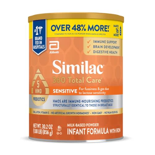 Similac 360 Total Care Sensitive Baby Formula Powder, 5 HMO Prebiotic Blend | Infant Formula for Babies with Lactose Sensitivity Immune System, Brain Development & Digestive Health Support, 30.2 oz tub
