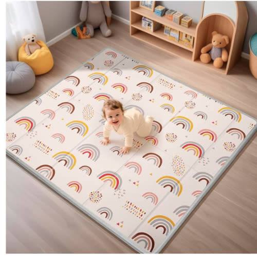 Foldable Baby Play Mat, PIGLOG 50x50 Playpen Mat, Safe Foam Playmat for Tummy Time, Waterproof Playmats for Babies and Toddlers Kids, Reversible Portable Baby Floor Mat for Infant, Rainbow Rain