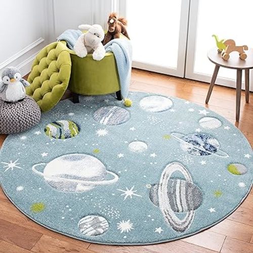 SAFAVIEH Carousel Kids Round Rug 5'3", Modern Teal & Ivory CRK103J