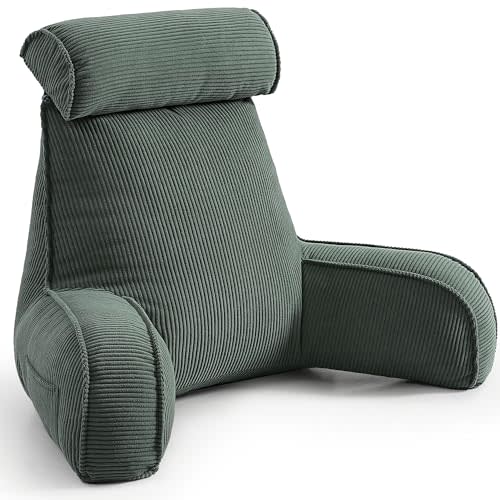 Sit Up Reading Pillow, Backrest Pillow with Arms, Corduroy Back Support Cushion with Side Pockets & Washable Cover, Bed Rest Support for Sofa Couch Floor Relax, Peacock Blue