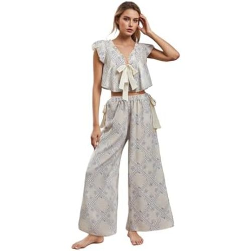 Women Ruffle Pajama Set Bow Tie Front Tank Top and Wide Leg Pants Pajama Set Cute 2 Piece Floral Pjs Loungewear