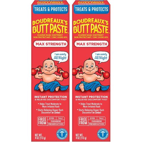 Boudreaux's Butt Paste Maximum Strength Diaper Rash Cream, Ointment for Baby, 4 oz Tube (Pack of 2)