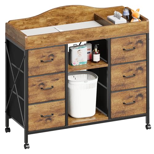 Changing Table, 6-Drawer Baby Dresser with Changing Table top,Waterproof Diaper Changing Station & Pad, 2 Height-Adjustable Open Storage Shelves, Mobile Nursery Organizer, Rustic Brown