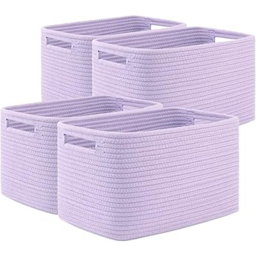 OIAHOMY 4 Pack Storage Baskets for Organizing, Cube Storage Bins for Shelves, Rectangle Storage Baskets With Handles, Woven Baskets for Storage, 12.7''Lx9''Wx7.8''H, Purple