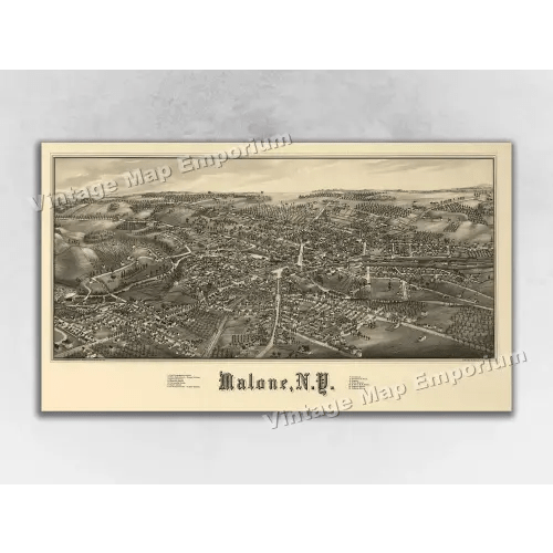 1886 Malone New York Map - Panoramic Old City Map - Historic Birds Eye View Vintage Map Art Print