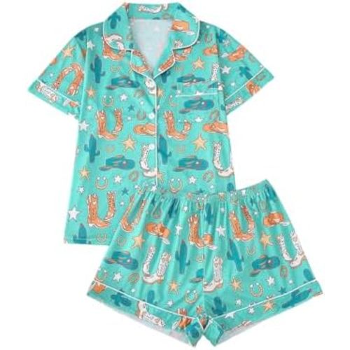 WDIRARA Women's 2 Piece Boots Graphic Pajama Set Pocket Patched Button Down Shirt with Shorts Satin Sleepwear