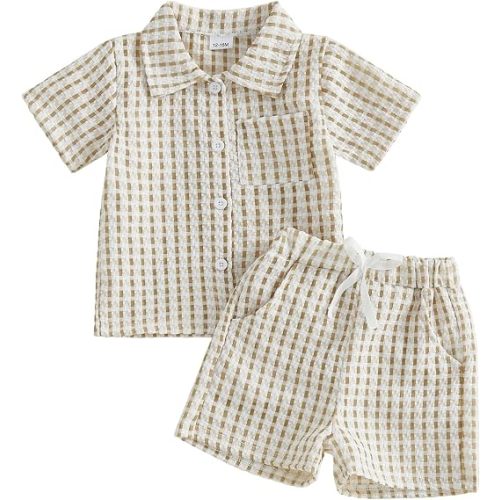BemeyourBBs Toddler Baby Boy Summer Clothes Button Down Shirt Shorts Set | Toddler Baby Boy Summer Outfit, Button Down Short Sleeve Shirt Shorts Set with Pocket 2 Piece Outfits, for Beach, Vacation