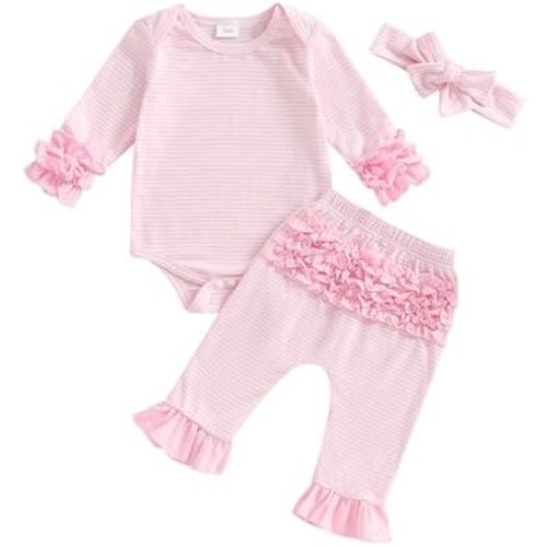 Newborn Baby Girl Clothes Ruffles Striped Long Sleeve Romper Bodysuit Elastic Pants Set Cute Fall Winter Outfits