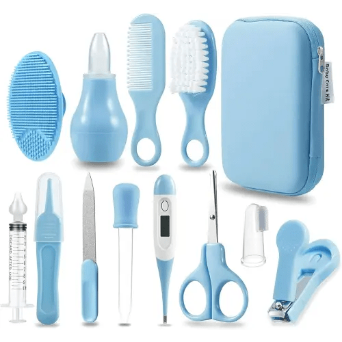 PandaEar Baby Healthcare & Grooming Kit - Baby Safety Set Comb, Brush, Finger Toothbrush, Nail Clippers, Scissors, Nasal Aspirator - Nursery Care Kit (Blue)