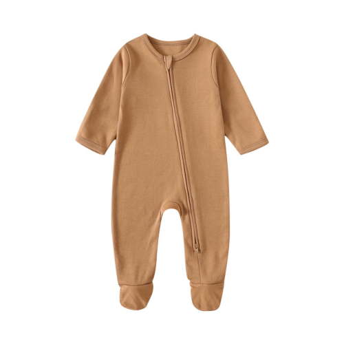 Lopecy-Sta Baby Footed Pajamas with Mitten Cuffs Solid Color Round Neck Rompers Unisex Newborn Infant 2 Ways Zipper Cotton Footie Pjs