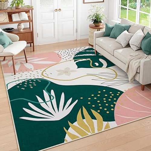 Lahome Washable Rug 5x7 - Rugs for Living Room 5x7 Non-Slip Ultra-Thin Carpet for Bedroom Cute Soft Kids Nursery Rug, Boho Botanical Print Indoor Floor Rug for Entryway Office (5'x7',Green/Pink)