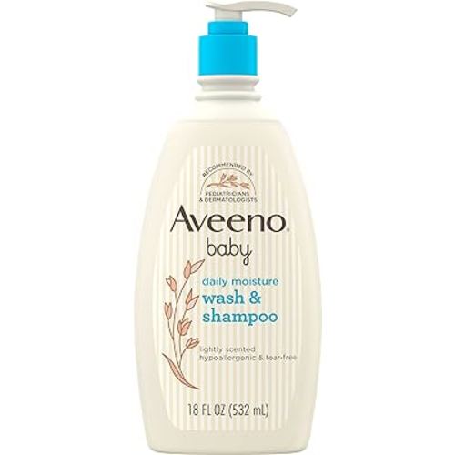Aveeno Baby Daily Moisture Gentle Body Wash & Shampoo with Oat Extract, 2-in-1 Baby Bath Wash & Hair Shampoo, Tear- & Paraben-Free for Hair & Sensitive Skin, Lightly Scented, 18 fl. oz
