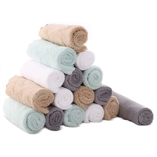 Cute Castle Ultra-Soft Baby Washcloths, 16 Pack - 9" by 9", Gentle on Sensitive Skin for Face and Body, Plush, Super Absorbent Wash Clothes for Girls and Boys,White+Brown+Grey+Sage Green