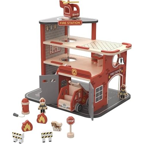 Freniland Wooden Fire Station Playset, 4-Level Pretend Play Firehouse with Fire Truck, Helicopter, Figures & Accessories, Educational Role Play Toy for Toddlers Kids Age 3+