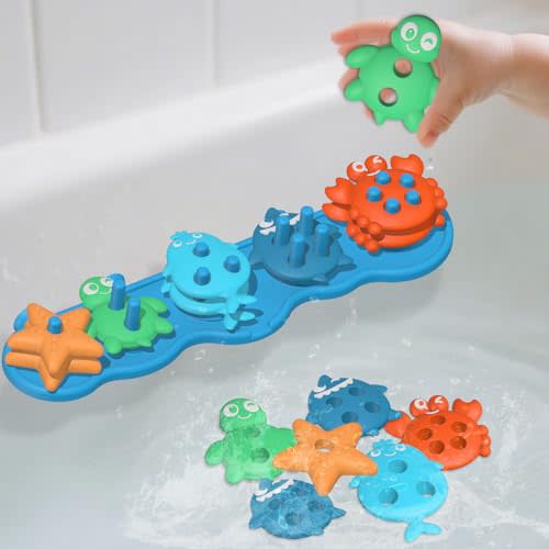 Suction Baby Bath Toys, Mold Free Silcone Shape Sorting & Stacking Bathub Toy, Sensory Toys & Best Gift for Toddlers 3 4 5 Early Learning Bathtub Fun (Ocean Animal)