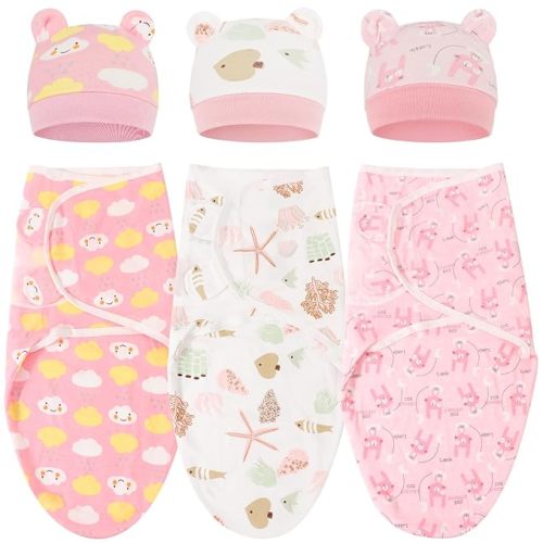 DRESHOW BQUBO 3 Pack Newborn Baby Swaddle Blanket with Hats Infant Adjustable Velcro Swaddling Wraps with Bear Ears Cap for 6-12 Lbs Newborns & 0-3 Months Girls Boys