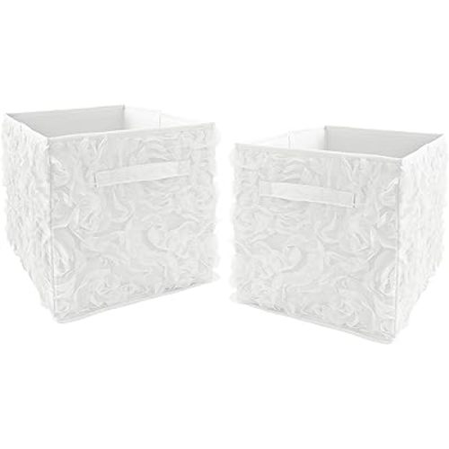 Sweet Jojo Designs White Floral Rose Foldable Fabric Storage Cube Bins Boxes Organizer Toys Kids Baby Childrens - Set of 2 - Solid Flower Luxurious Elegant Princess Boho Shabby Chic Luxury Glam Roses