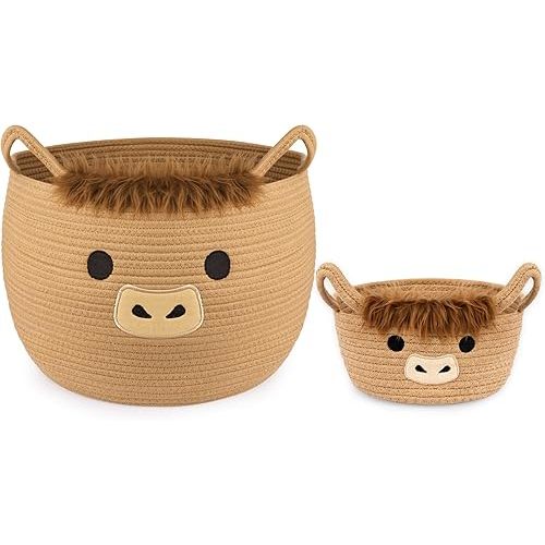 Highland Cute Cow Basket Set for Nursery, Woven Storage Cotton Rope Basket, Baby Blanket 0rganizer with Ears Handles, Blanket Towel Decor Toy Clothes Gifts Storage Cat Dog Bin, Pack of 2