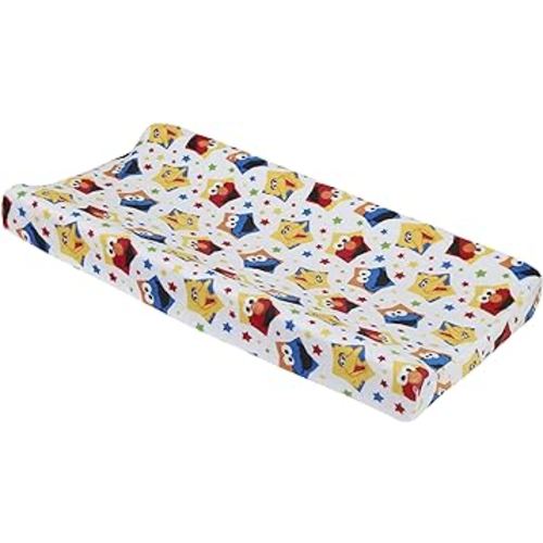 Sesame Street Elmo, Big Bird, & Cookie Monster Red, Yellow, Blue & White with Stars Super Soft Changing Pad Cover, Red, Blue, Yellow, Green