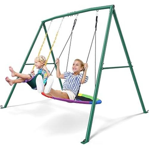 Trekassy 440lbs Capacity Swing Sets for Backyard - 2 Seat Outdoor Playset with Saucer & Belt Swing, Heavy-Duty A-Frame Metal Stand for Kids Family Fun
