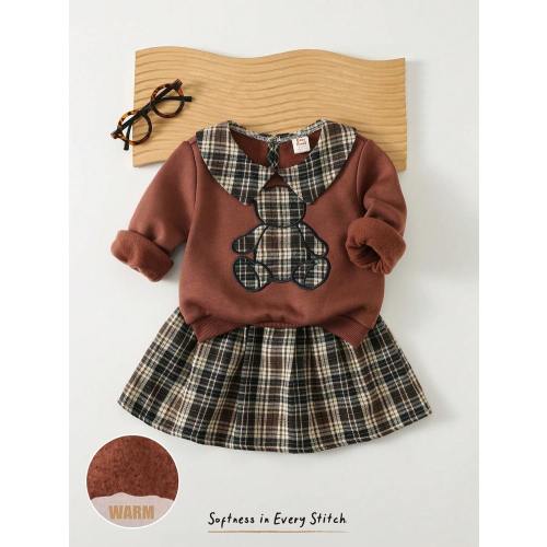 Cozy Pixies 2pcs Baby Girl Cartoon Bear Plaid Print Collared Long Sleeve Pullover Sweatshirt & Elastic Waist Skirt Set | SHEIN USA