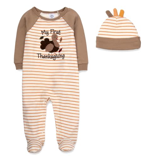 Baby Footie Bodysuit Headband or Hat 2 Piece Set – Christmas Thanksgiving Zip-Up Outfit,Holiday Pajamas for Infants