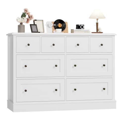 Homfa 8 Drawer Horizontal Combo Dresser for Bedroom, Modern White Chest of Drawers Wood Storage Cabinet for Living Room